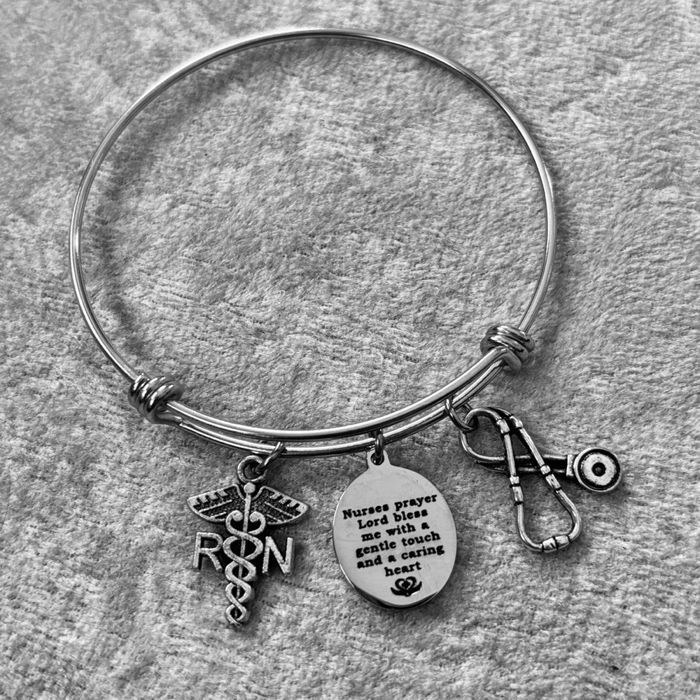 Silver Tone Nurse Prayer Stack Bangle Bracelet RN Caduceus Stethoscope Charms